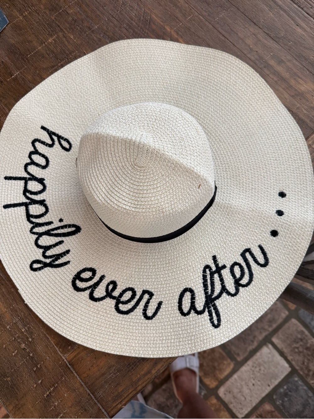 Embroidered 'Happily Ever After' Wide Brim Sun Hat - Black & Cream